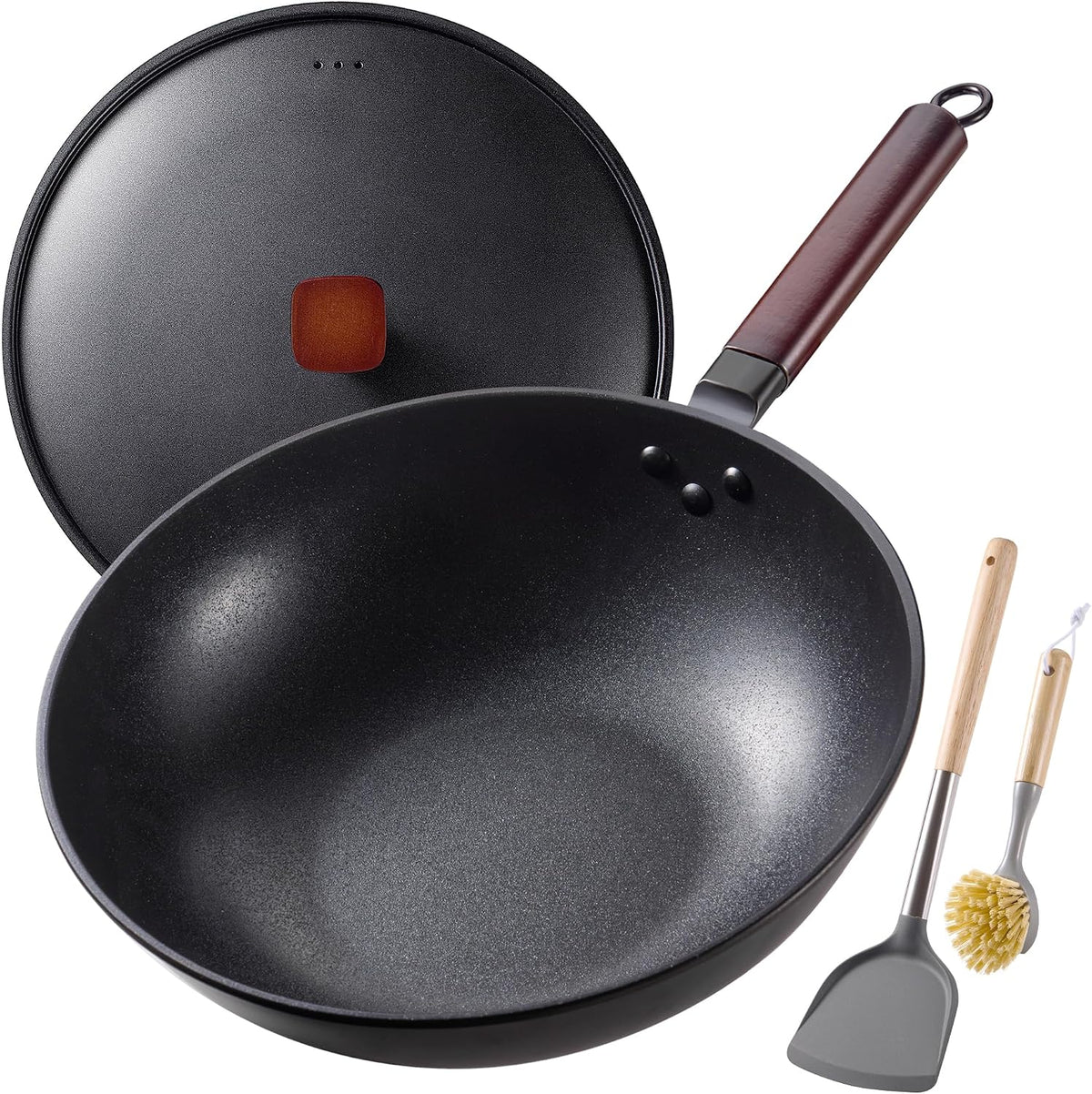 Teewe Carbon Steel Wok, 13" Woks & Stir-fry Pans Nonstick with Lid