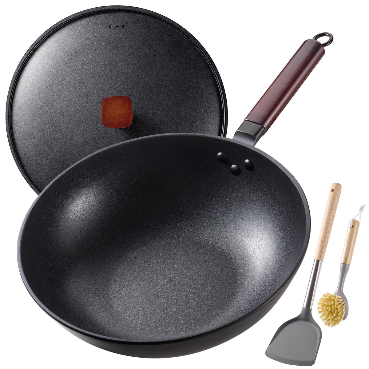 Teewe Carbon Steel Wok, 13" Woks & Stir-fry Pans Nonstick with Glass Lid