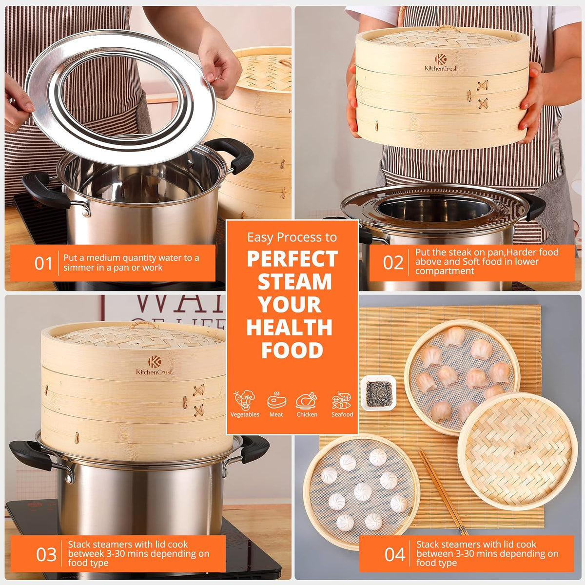 KitchenCrust Bamboo Steamer Basket 10 Inch With Ring, 2 Tier Dumpling Set
