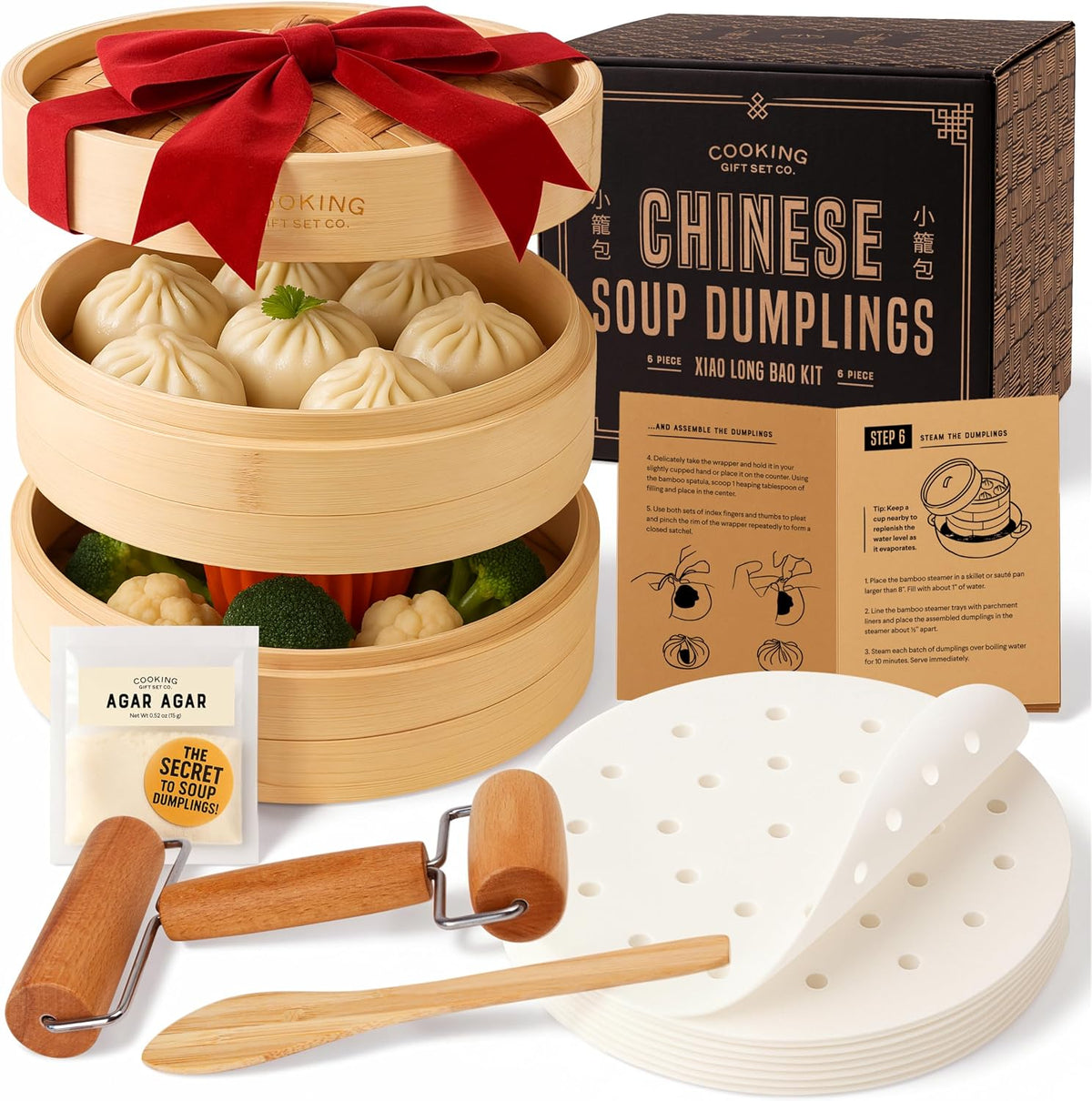 Cooking Gift Set Co. Bamboo Steamer Basket - 2 Tier Dumpling Kit, 6 Piece