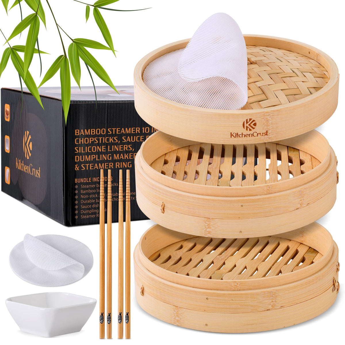 KitchenCrust Bamboo Steamer Basket 10 Inch With Ring, 2 Tier Dumpling Set