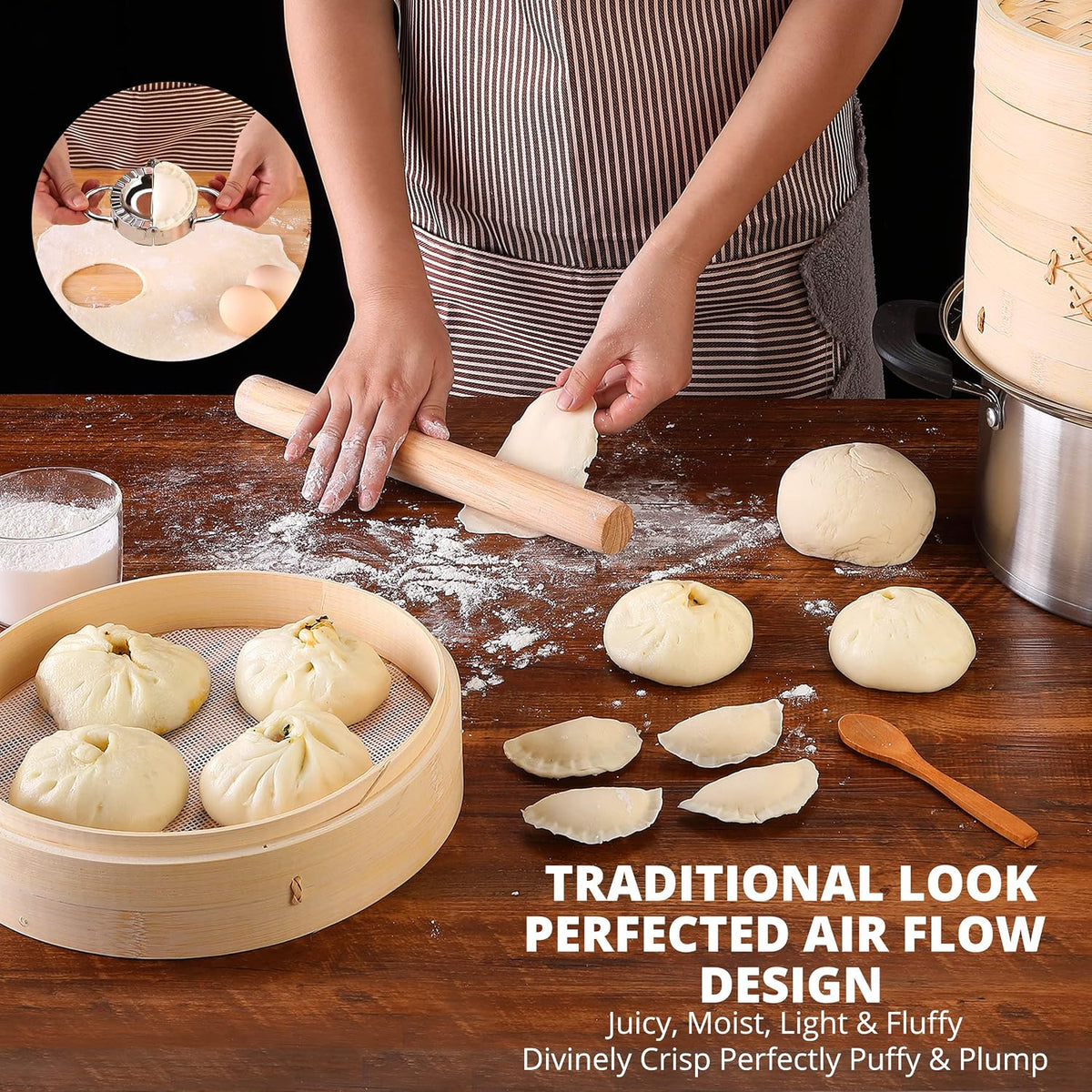 KitchenCrust Bamboo Steamer Basket 10 Inch With Ring, 2 Tier Dumpling Set