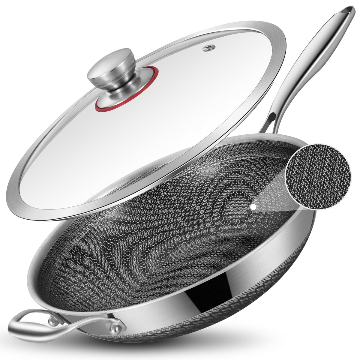 LOLYKITCH Hybird Nonstick Wok Pan with Lid | 12-Inch | Rivented Handle