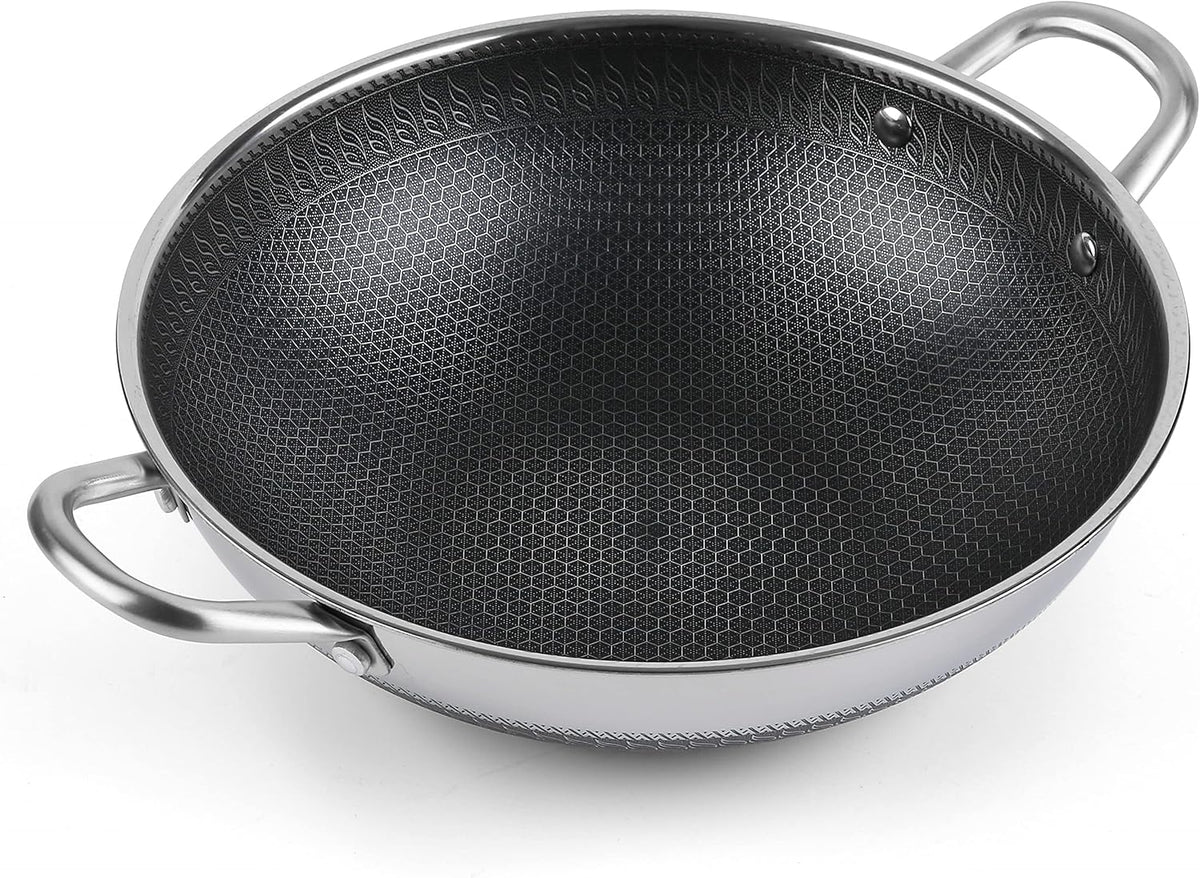 Hikaru 12.5” Wok Pan with Dual Honeycomb Wok Stainless Steel Wok Pan with Nonstick Coating, Frying Pans Cookware, Two Handles,Works with Induction ,Gas, Electric, Ceramic Furnace Stove, Without Lid