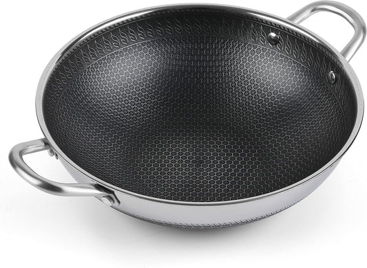 Hikaru 12.5” Wok Pan with Dual Honeycomb Wok Stainless Steel Wok Pan with Nonstick Coating, Frying Pans Cookware, Two Handles,Works with Induction ,Gas, Electric, Ceramic Furnace Stove, Without Lid
