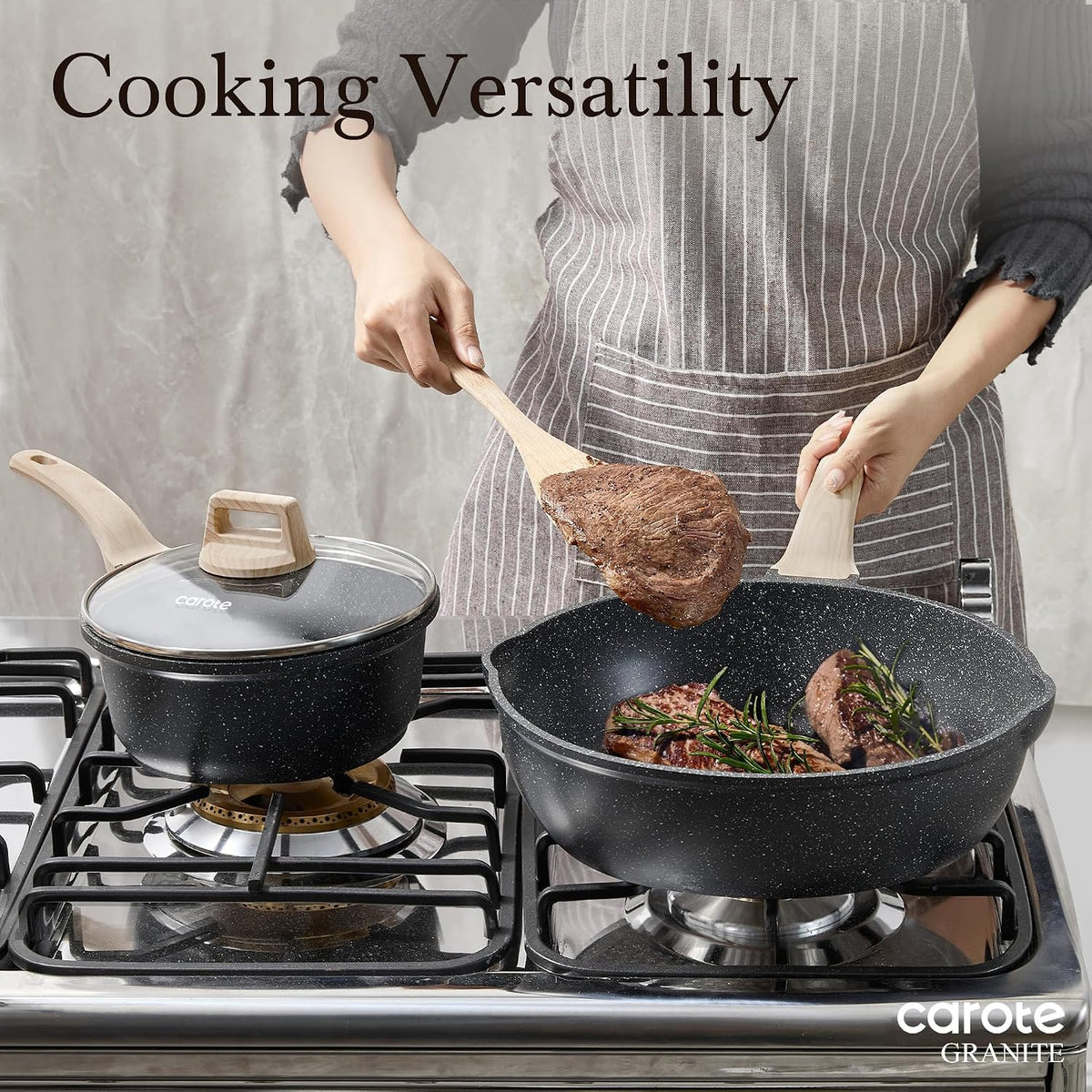 CAROTE 12 Inch Nonstick Deep Frying Pan with Lid, 5.5 Qt Black Granite