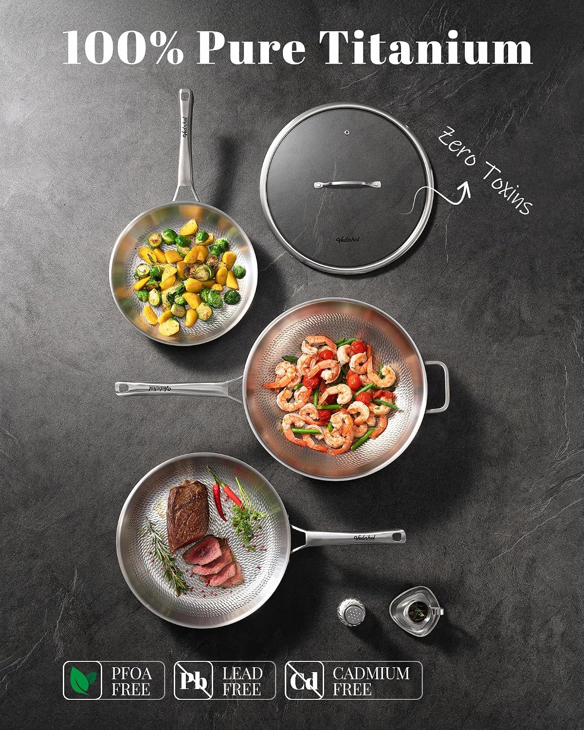 Titanium Wok Pan,13in Pure Titanium Hammered Pro pans, Non Stick Skillet for Cooking, Non-Toxic, PFAS/PFOA/PTFE Free Cookware, Dishwasher&Oven Safe, Kitchen Induction Compatible