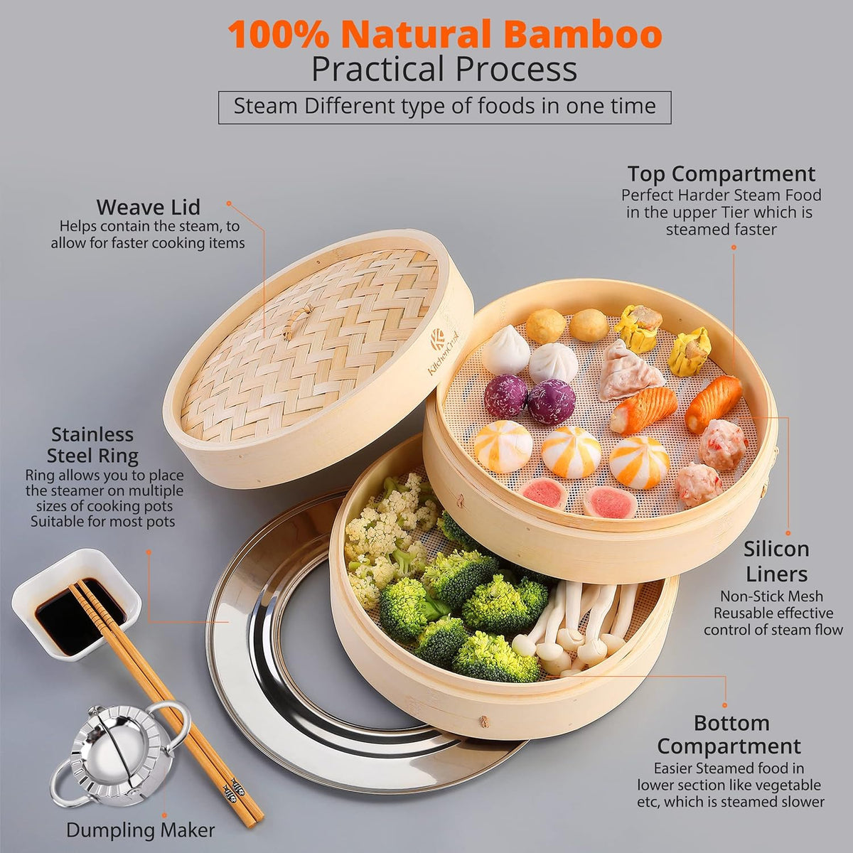 KitchenCrust Bamboo Steamer Basket 10 Inch With Ring, 2 Tier Dumpling Set