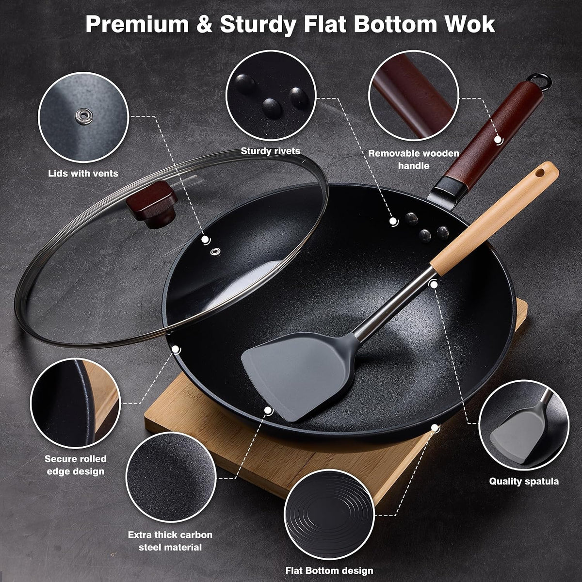 Teewe Carbon Steel Wok, 13" Woks & Stir-fry Pans Nonstick with Glass Lid