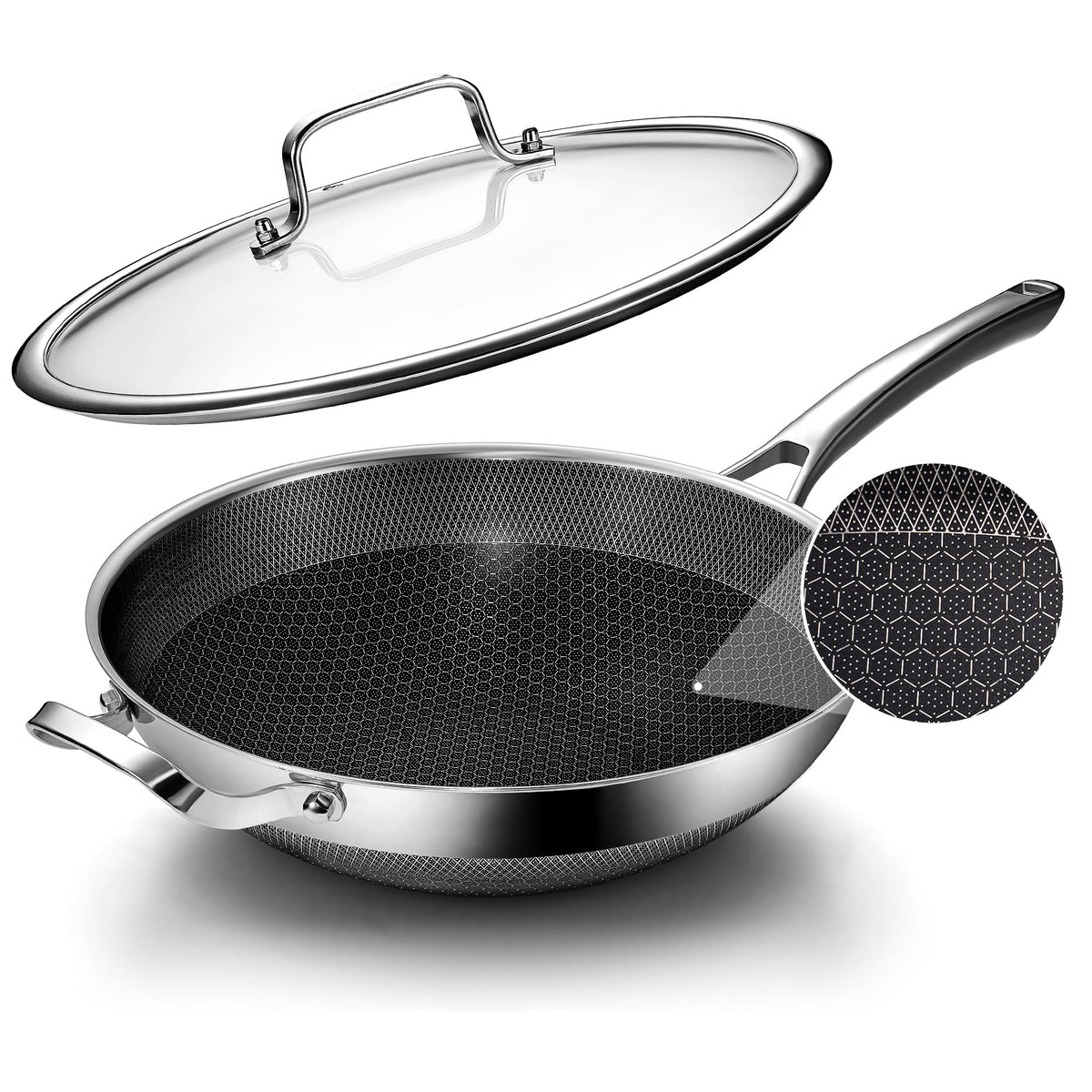 Wok Pan,12 Inch Hybrid Wok with Lid