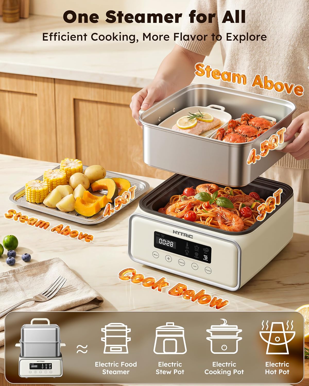 12QT Electric Food Steamer for Cooking, 2-Tier Steam Tray & Hot Pot