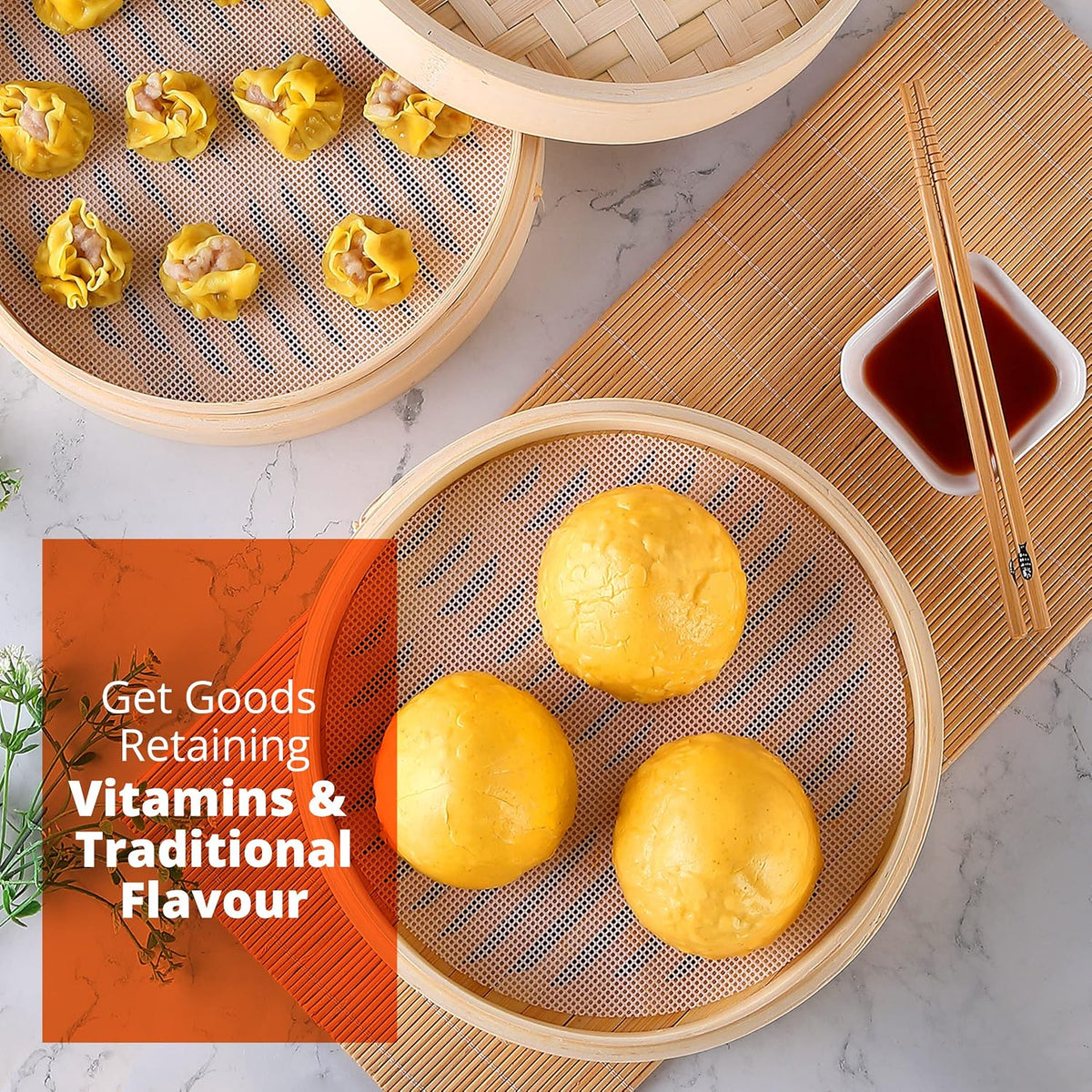 KitchenCrust Bamboo Steamer Basket 10 Inch With Ring, 2 Tier Dumpling Set